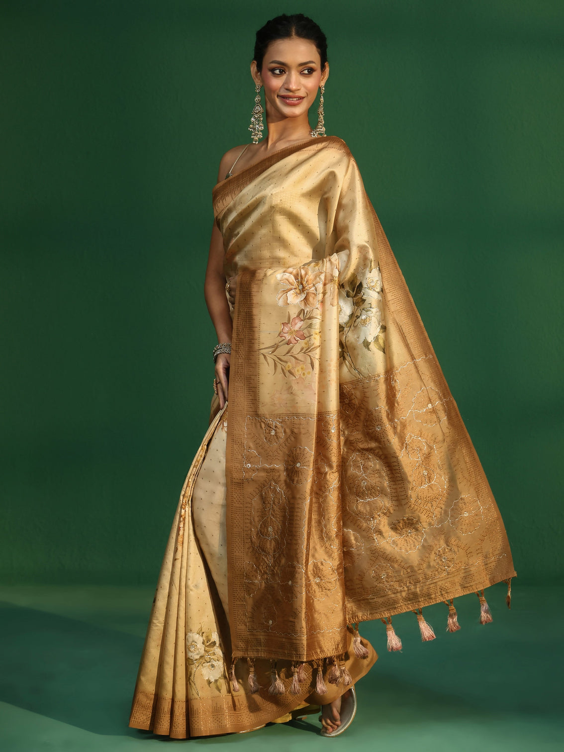 Mameraa Mustard Floral Print Silk Blend Saree with Embellished Border