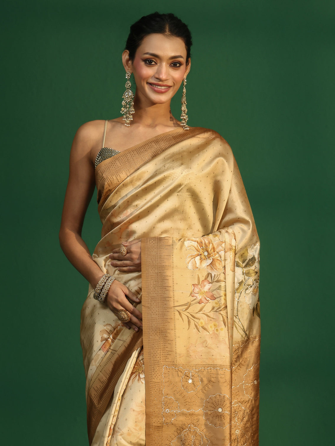 Mameraa Mustard Floral Print Silk Blend Saree with Embellished Border