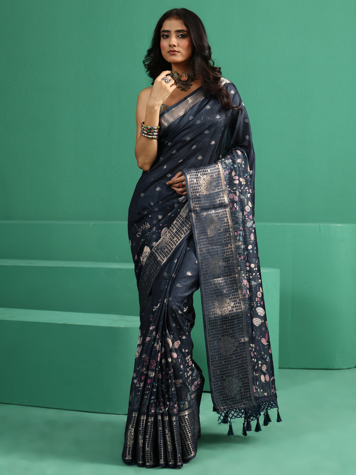 Mameraa Midnight Blue Printed Silk Blend with Woven Design Border
