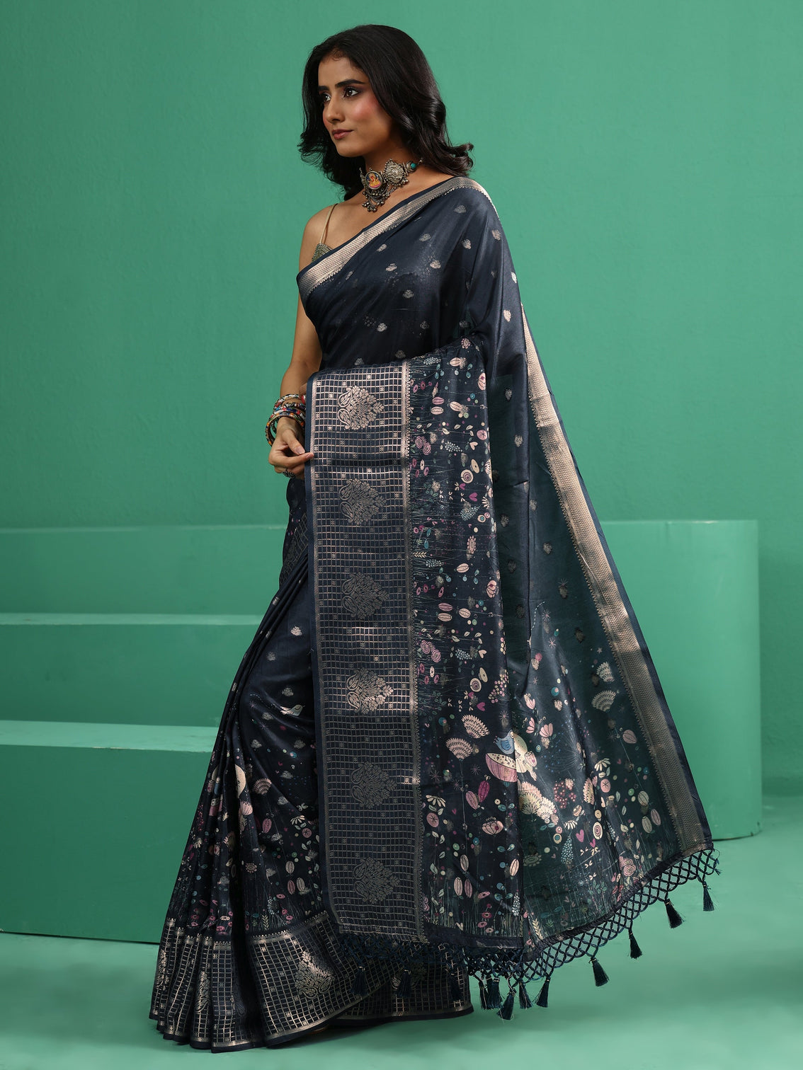 Mameraa Midnight Blue Printed Silk Blend with Woven Design Border