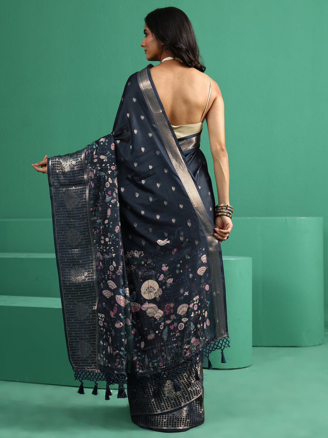 Mameraa Midnight Blue Printed Silk Blend with Woven Design Border