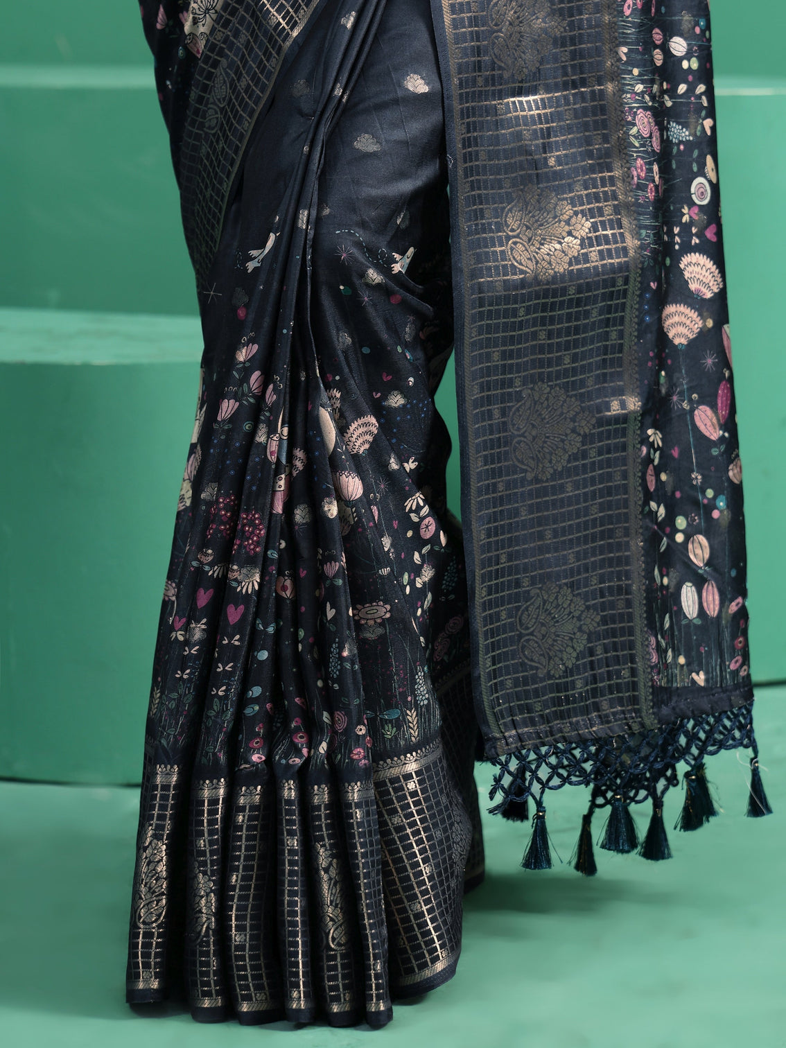 Mameraa Midnight Blue Printed Silk Blend with Woven Design Border