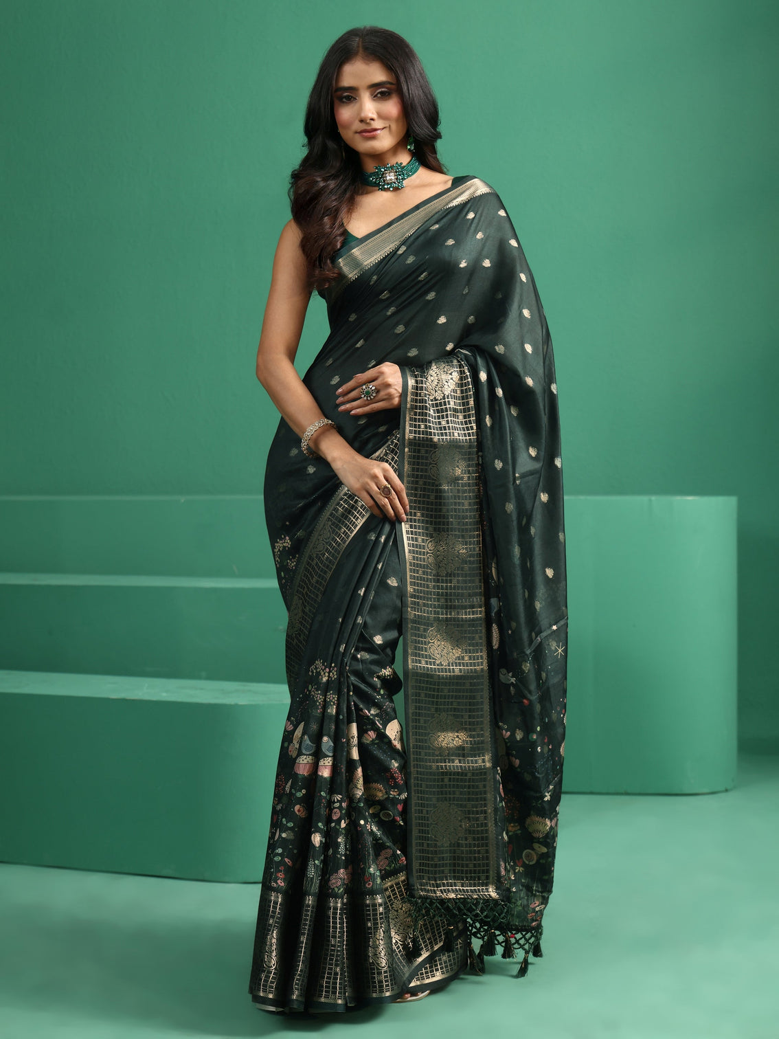 Mameraa Jungle Green Printed Silk Blend with Woven Design Border