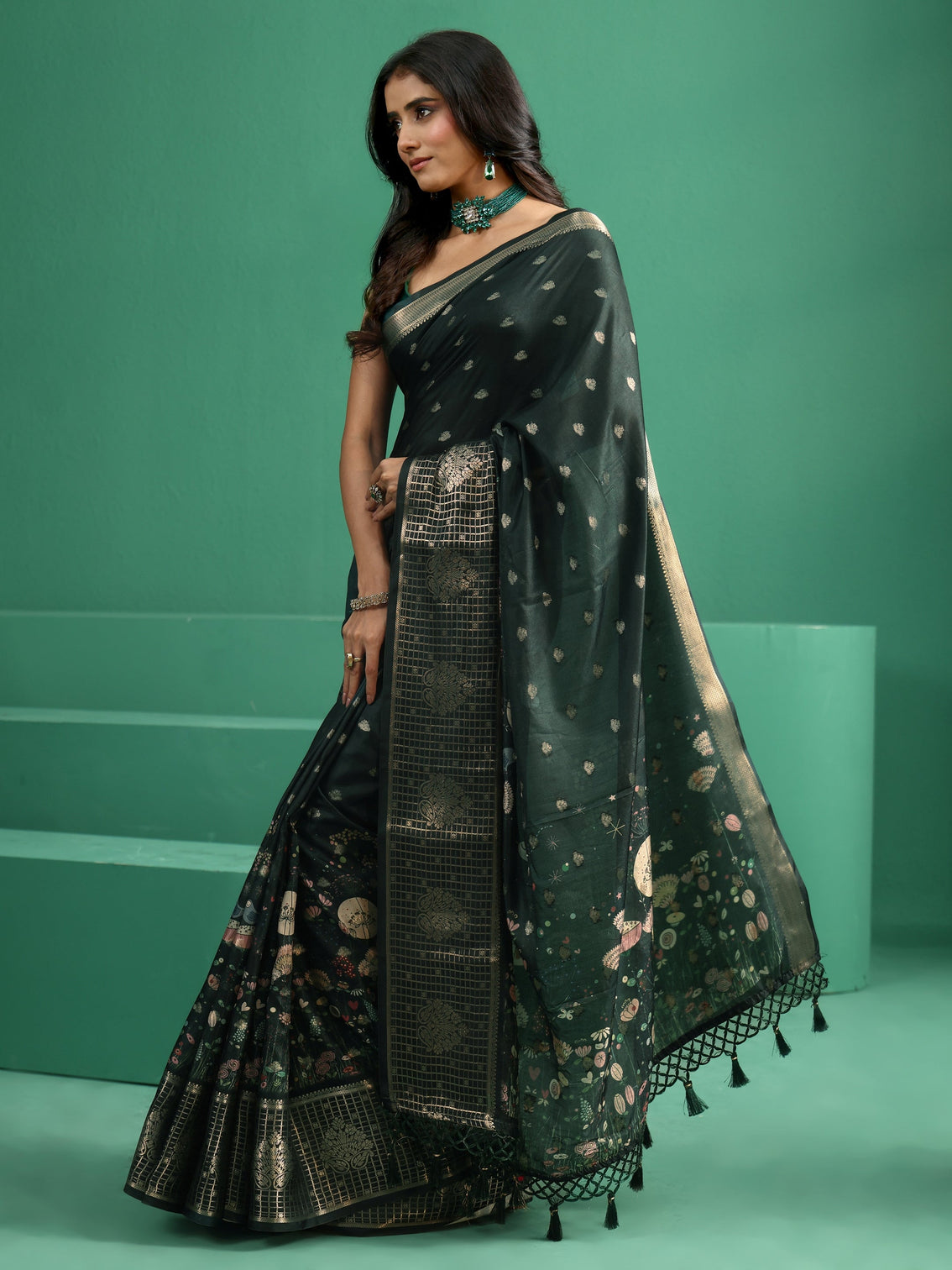 Mameraa Jungle Green Printed Silk Blend with Woven Design Border