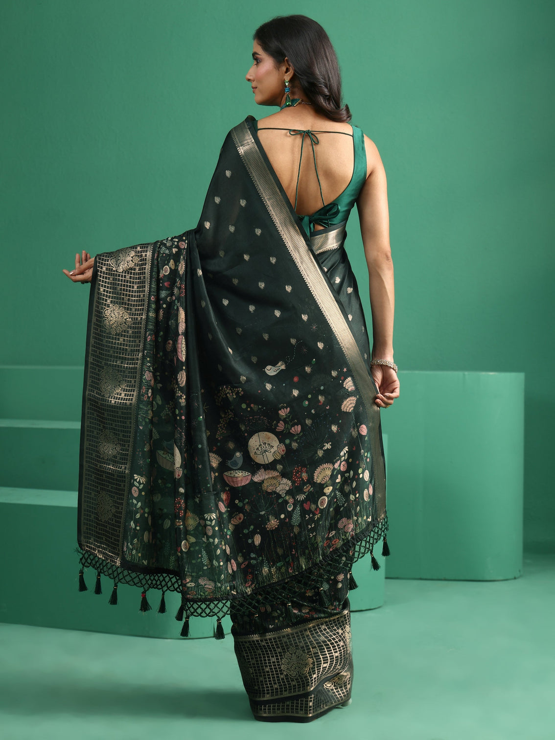 Mameraa Jungle Green Printed Silk Blend with Woven Design Border