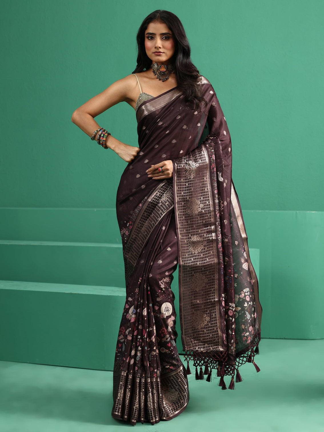 Mameraa Brown Printed Silk Blend with Woven Design Border