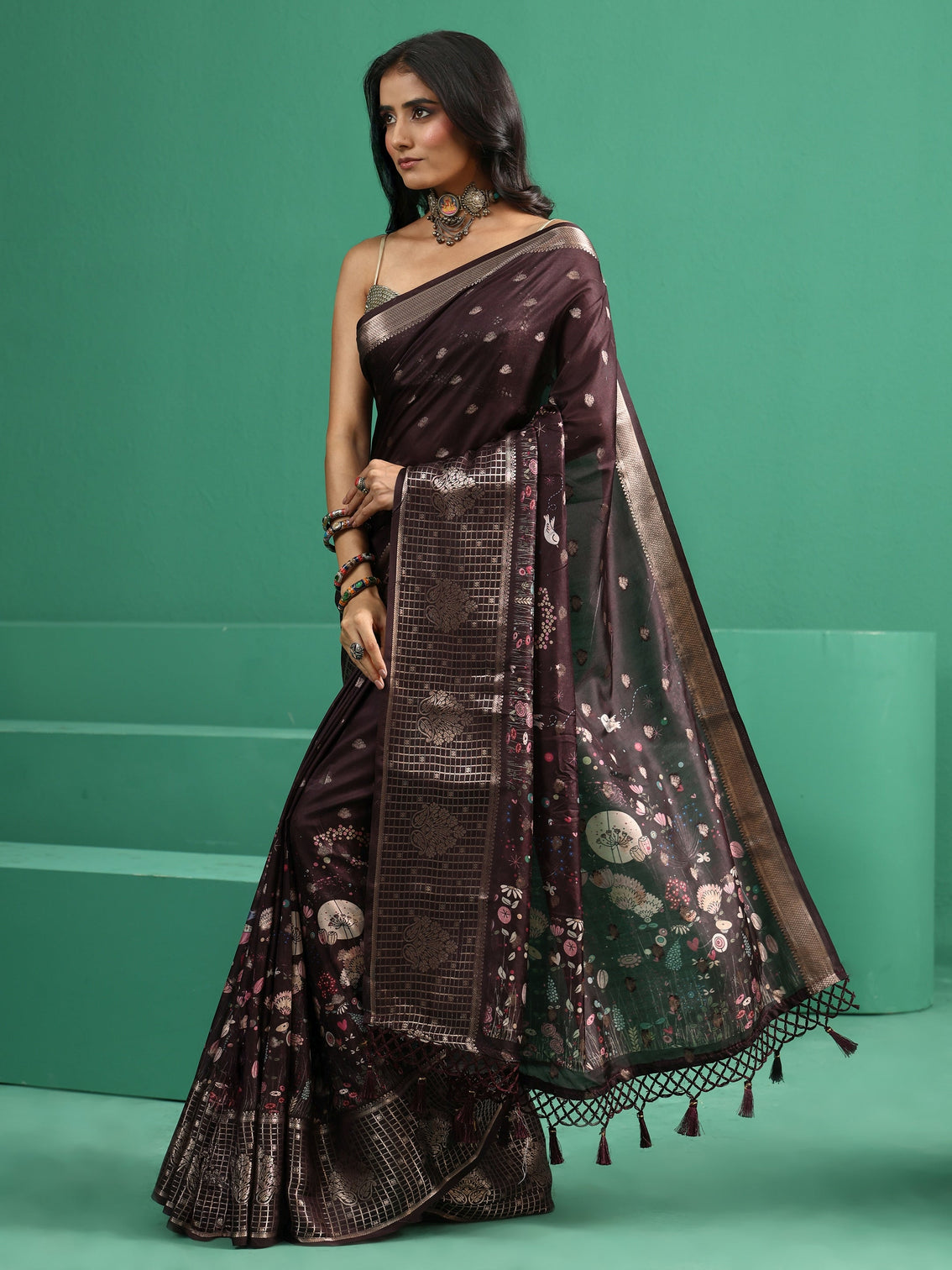 Mameraa Brown Printed Silk Blend with Woven Design Border