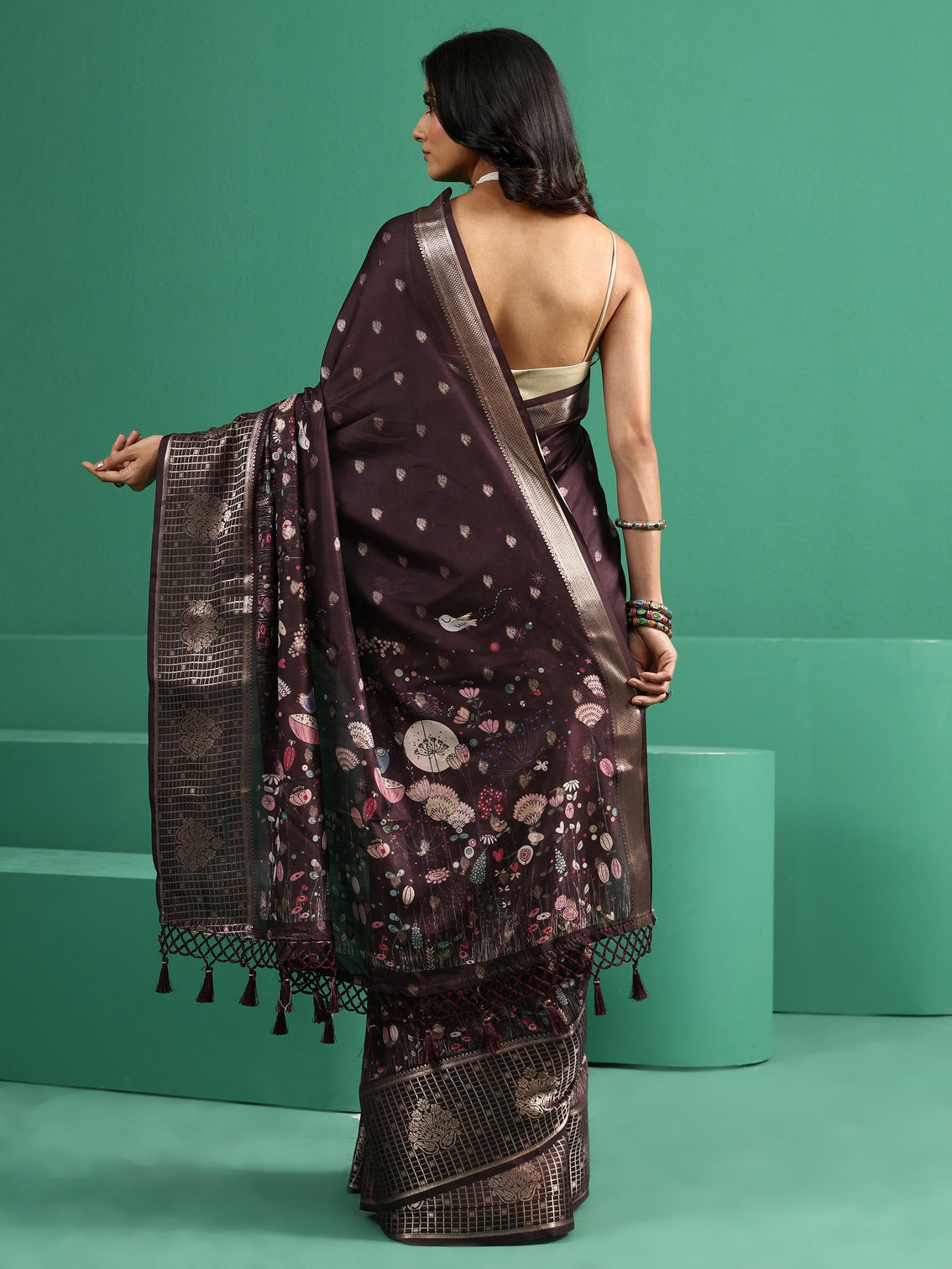 Mameraa Brown Printed Silk Blend with Woven Design Border
