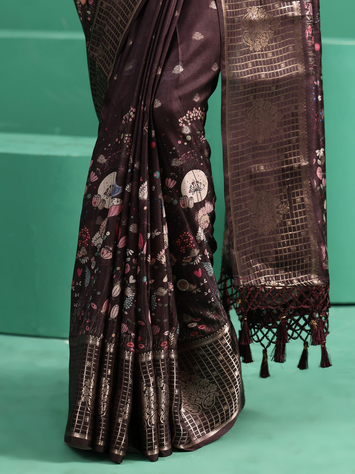 Mameraa Brown Printed Silk Blend with Woven Design Border