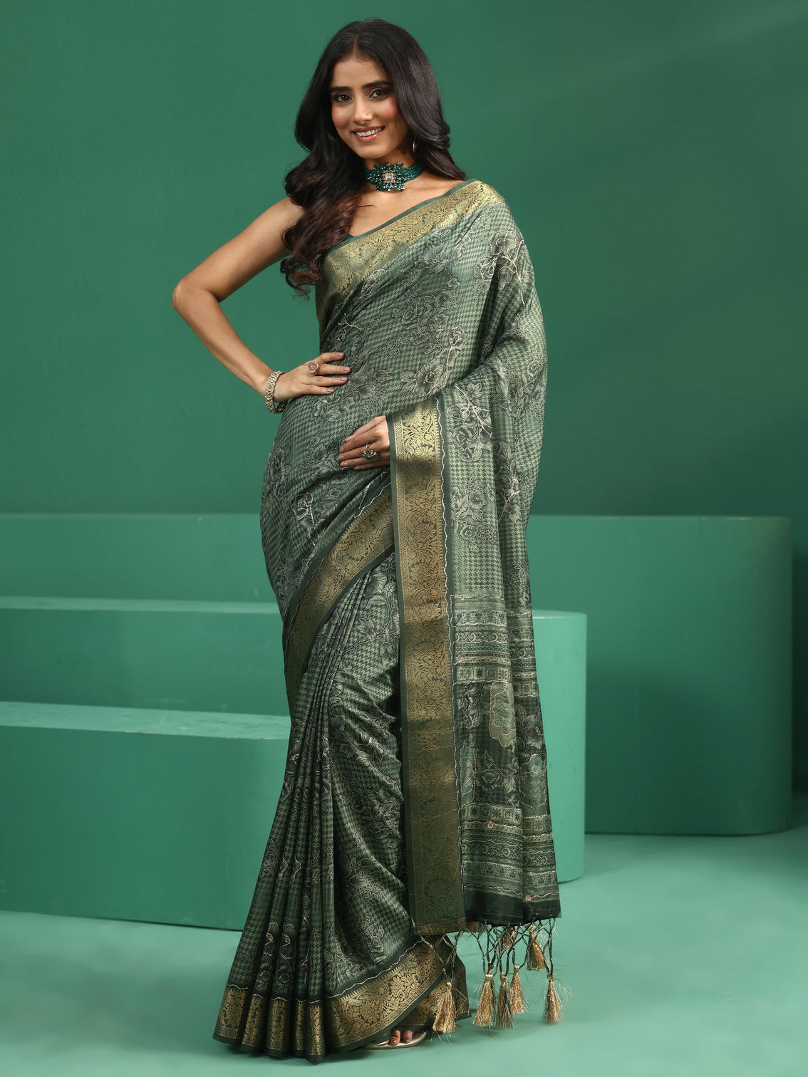 Mameraa Green Floral Printed Silk Blend Saree with Woven Design Border