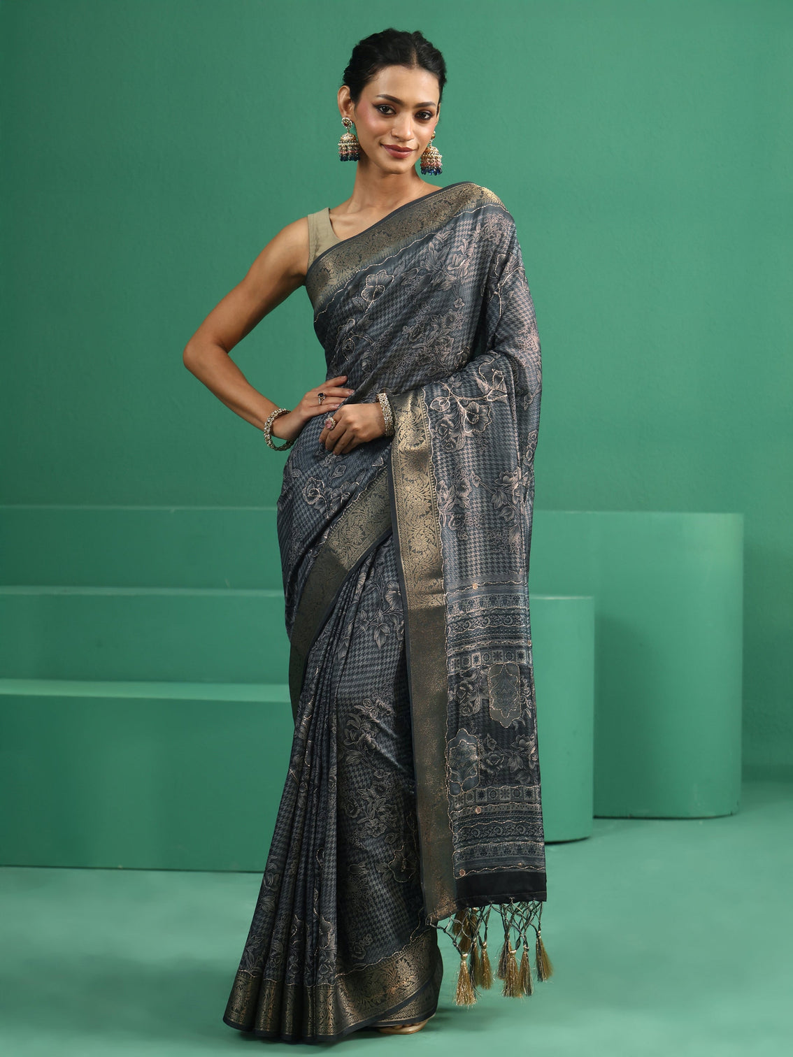 Mameraa Navy Blue Floral Printed Silk Blend Saree with Woven Design Border