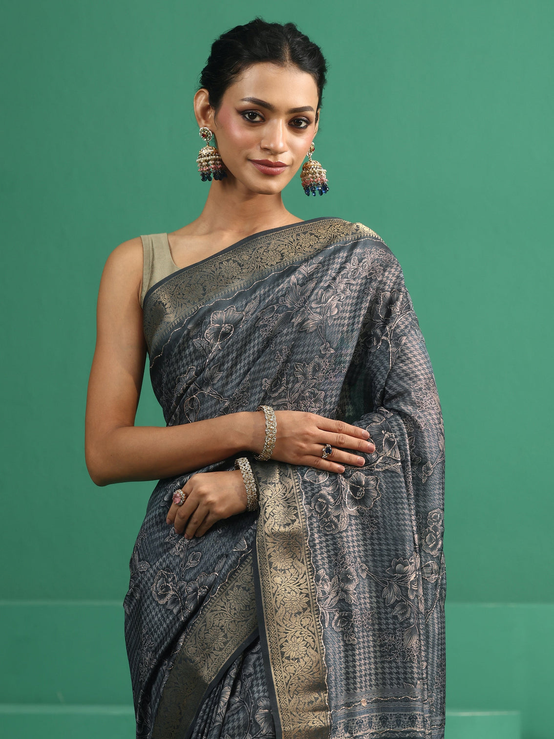 Mameraa Navy Blue Floral Printed Silk Blend Saree with Woven Design Border