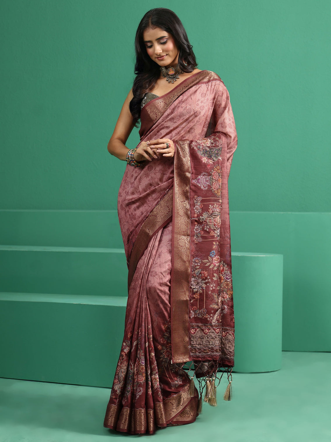 Mameraa Mauve Floral Printed Silk Blend Saree with Woven Design Border