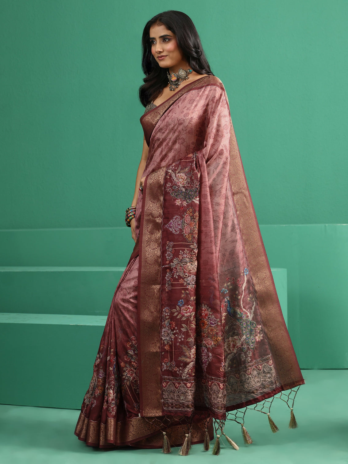 Mameraa Mauve Floral Printed Silk Blend Saree with Woven Design Border