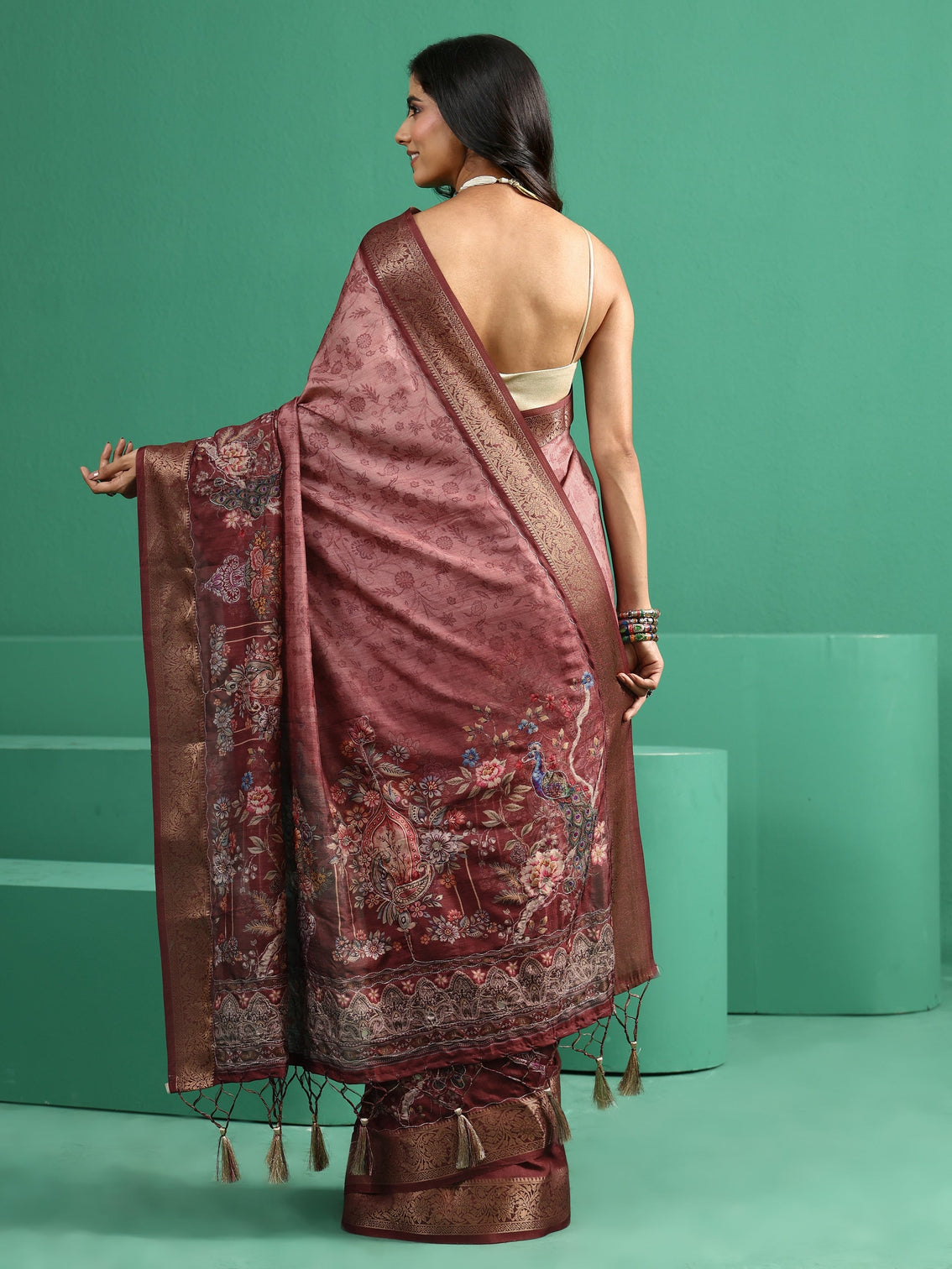 Mameraa Mauve Floral Printed Silk Blend Saree with Woven Design Border