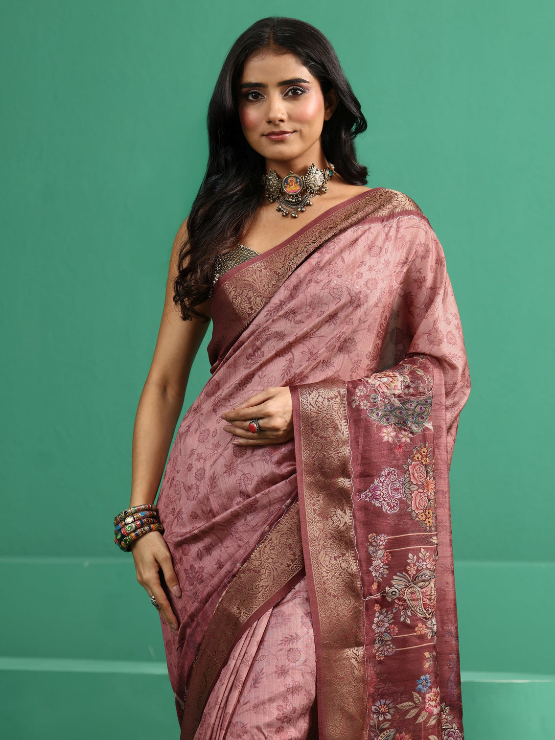 Mameraa Mauve Floral Printed Silk Blend Saree with Woven Design Border