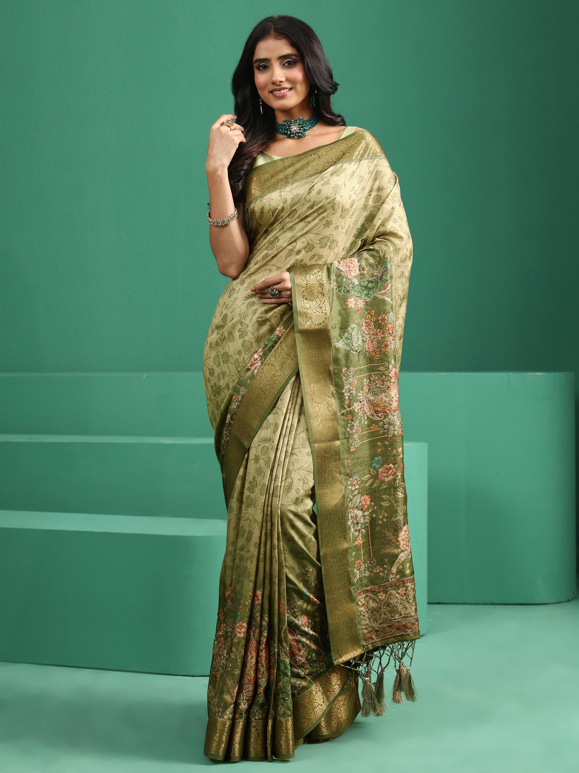 Mameraa Fern Green Floral Printed Silk Blend Saree with Woven Design Border