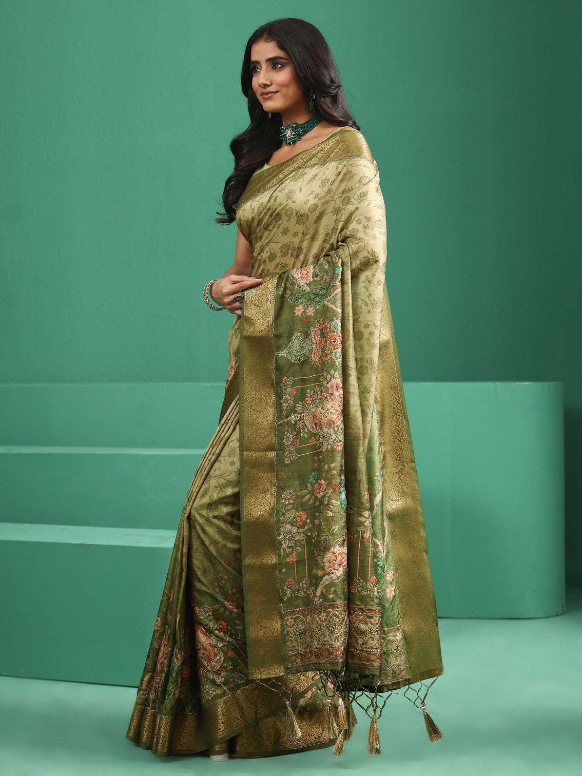 Mameraa Fern Green Floral Printed Silk Blend Saree with Woven Design Border