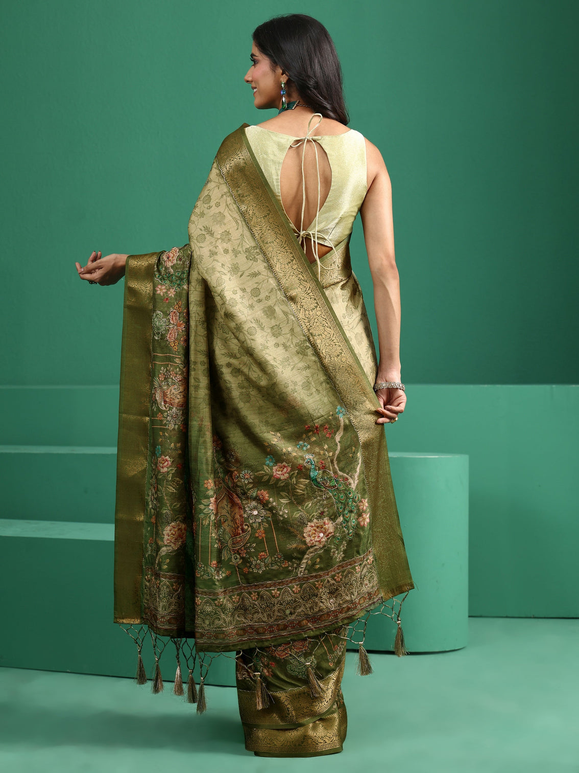 Mameraa Fern Green Floral Printed Silk Blend Saree with Woven Design Border