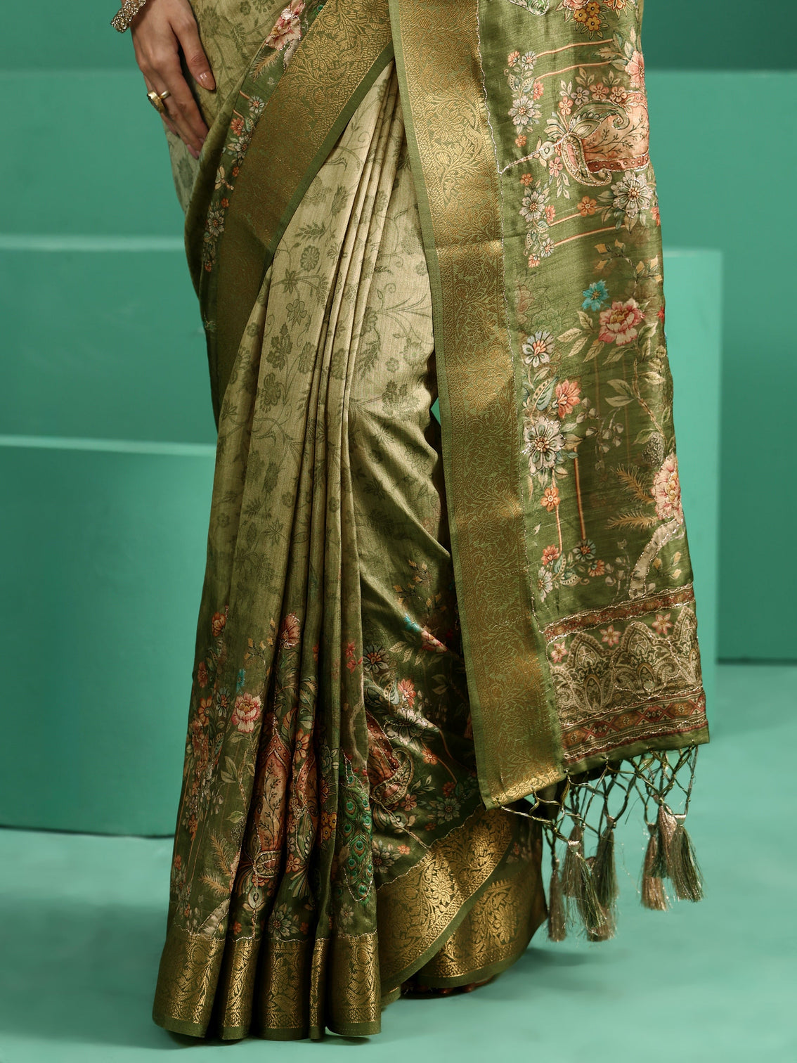 Mameraa Fern Green Floral Printed Silk Blend Saree with Woven Design Border