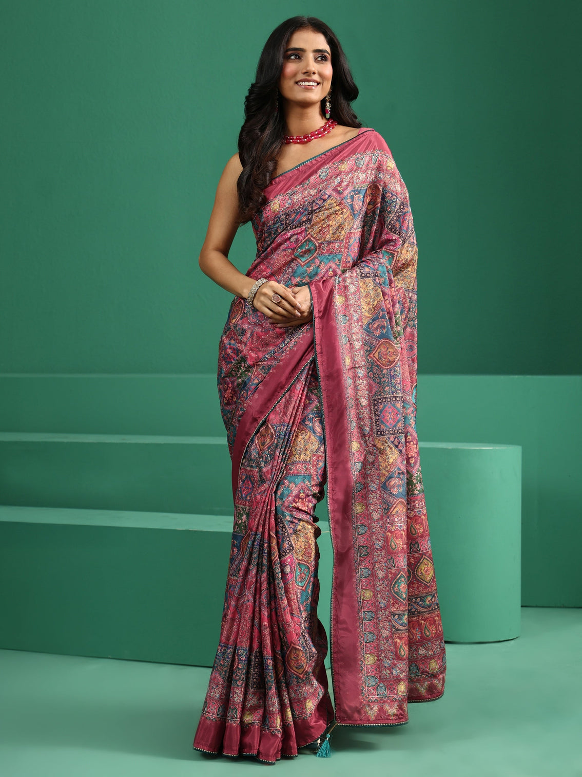Mameraa Multicolour Sequin Embellished Printed Satin Saree