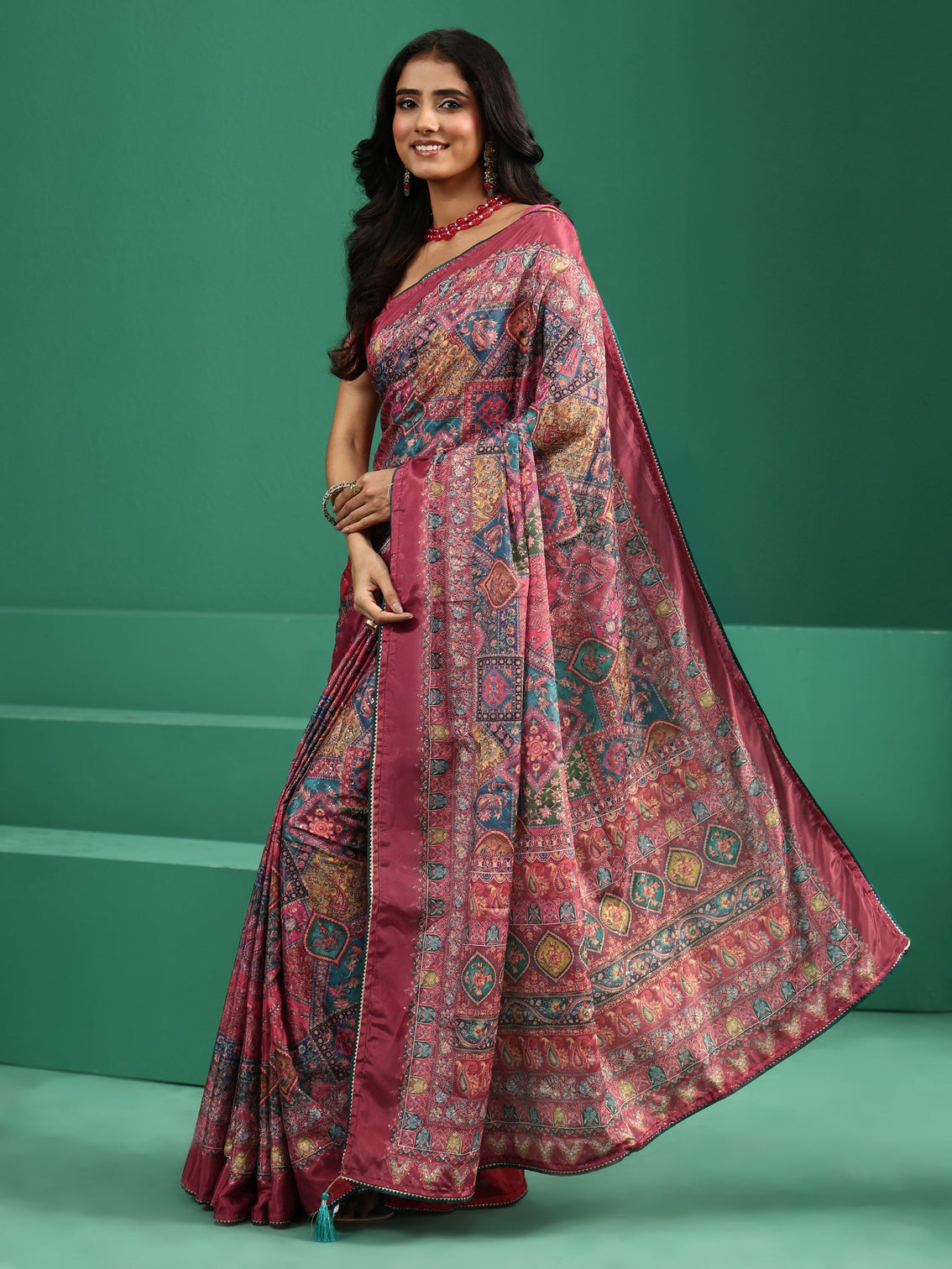 Mameraa Multicolour Sequin Embellished Printed Satin Saree