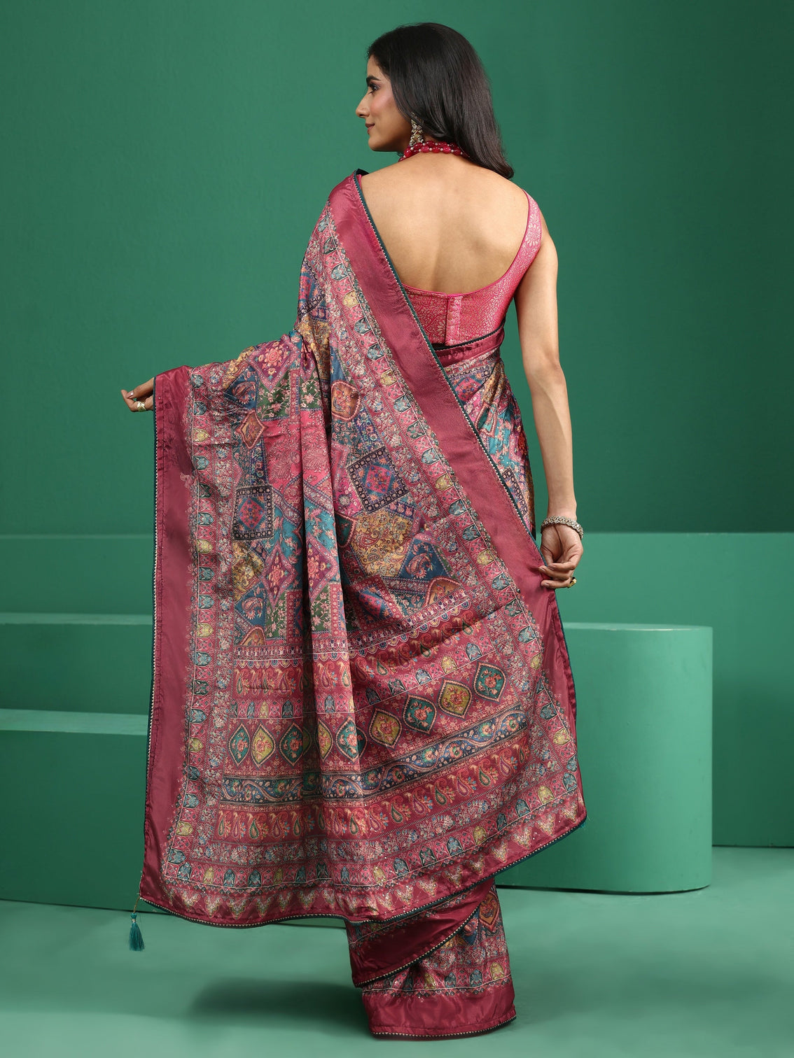 Mameraa Multicolour Sequin Embellished Printed Satin Saree