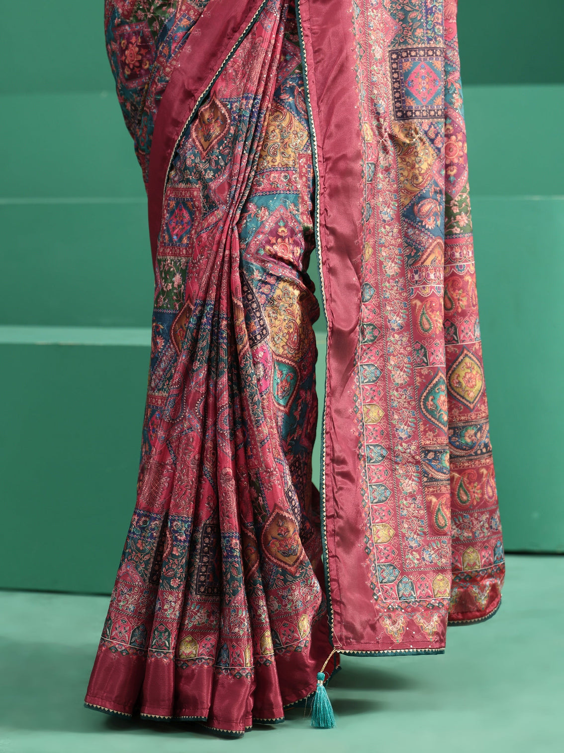 Mameraa Multicolour Sequin Embellished Printed Satin Saree
