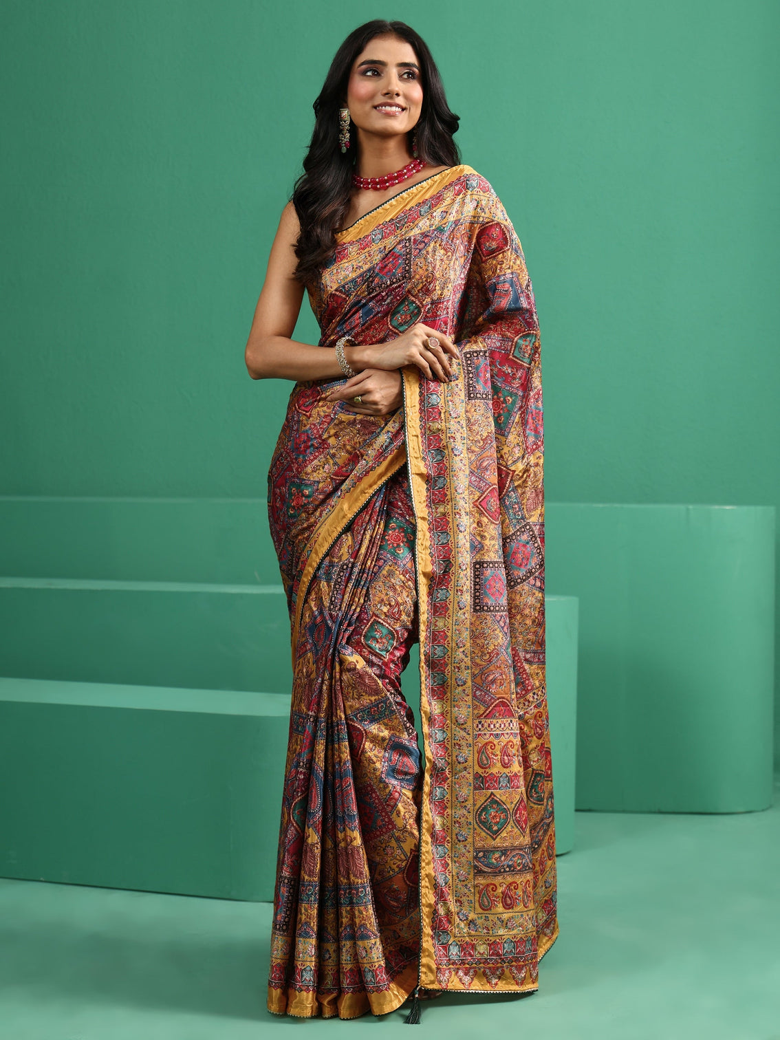 Mameraa Multicolour Sequin Embellished Printed Satin Saree