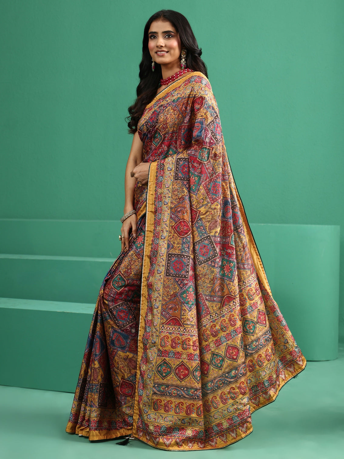 Mameraa Multicolour Sequin Embellished Printed Satin Saree