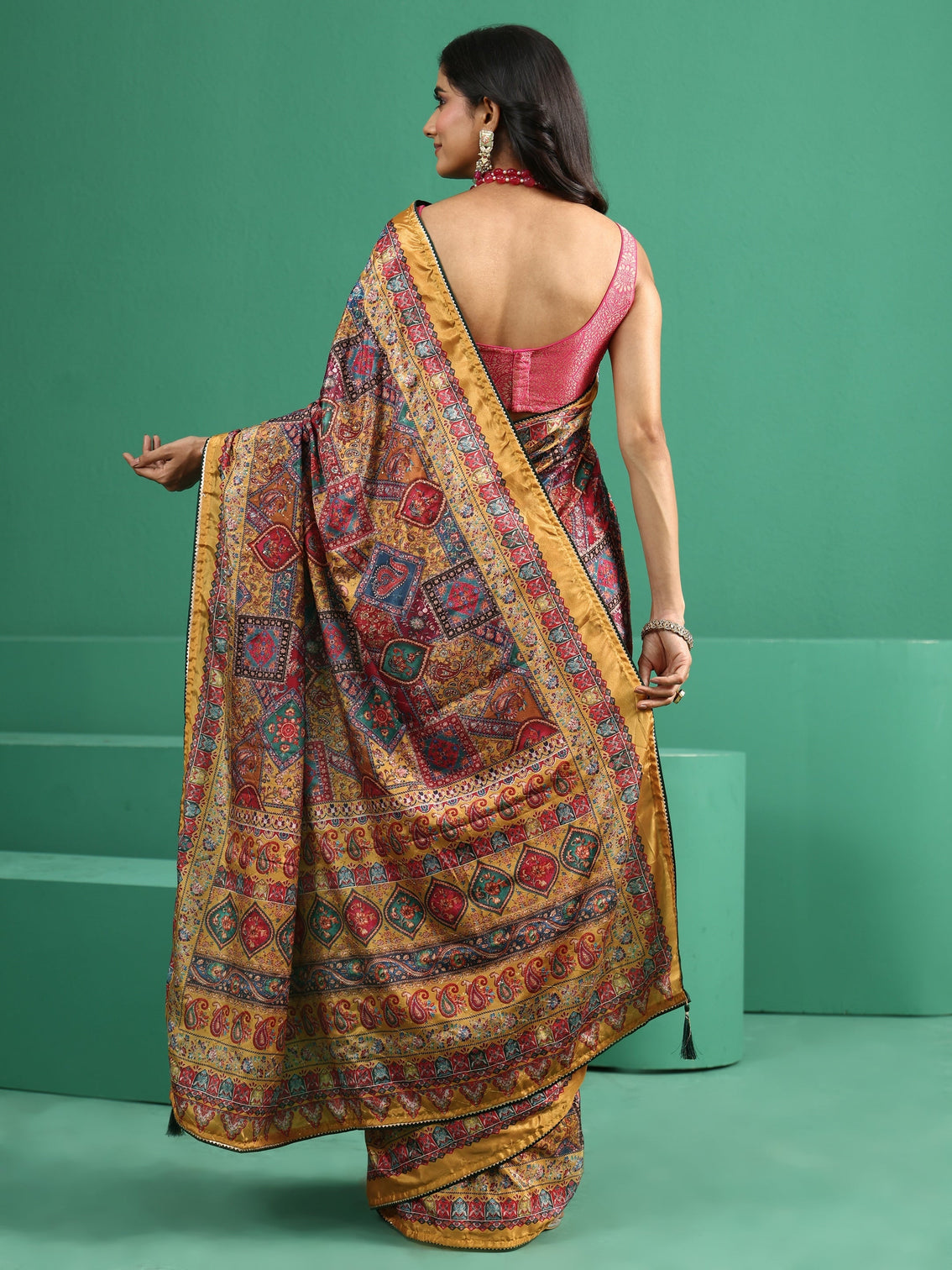 Mameraa Multicolour Sequin Embellished Printed Satin Saree