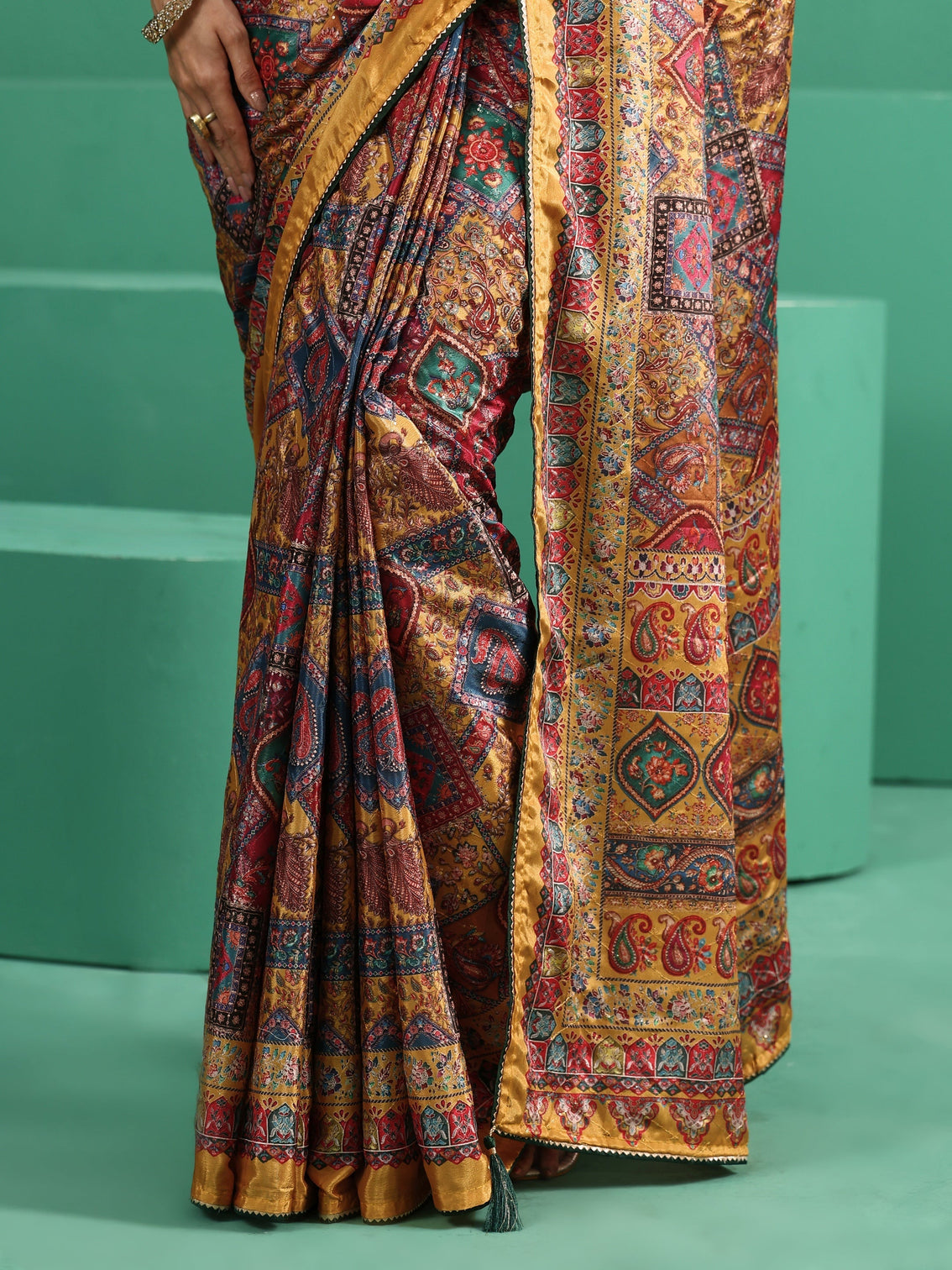 Mameraa Multicolour Sequin Embellished Printed Satin Saree
