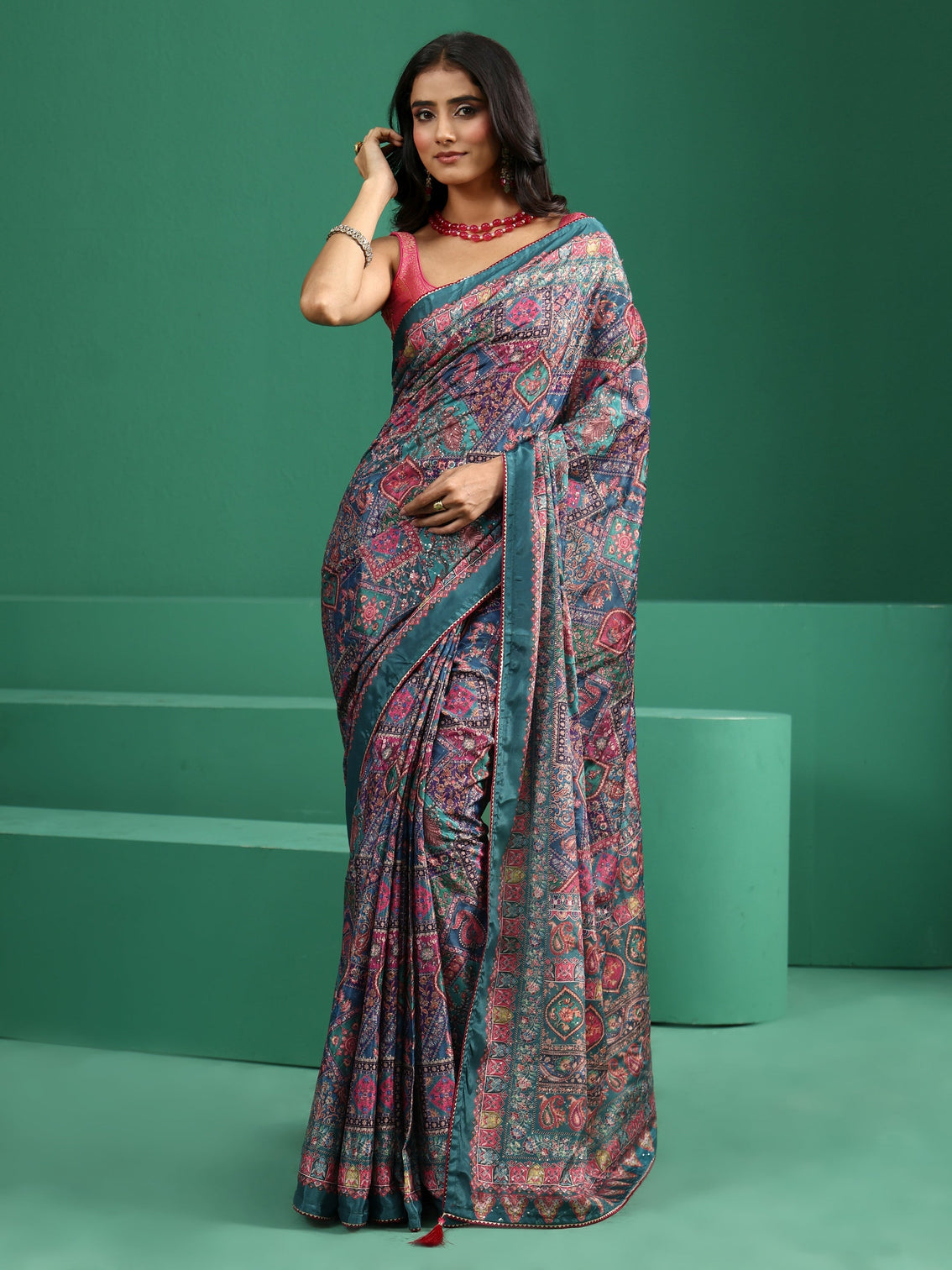 Mameraa Multicolour Sequin Embellished Printed Satin Saree