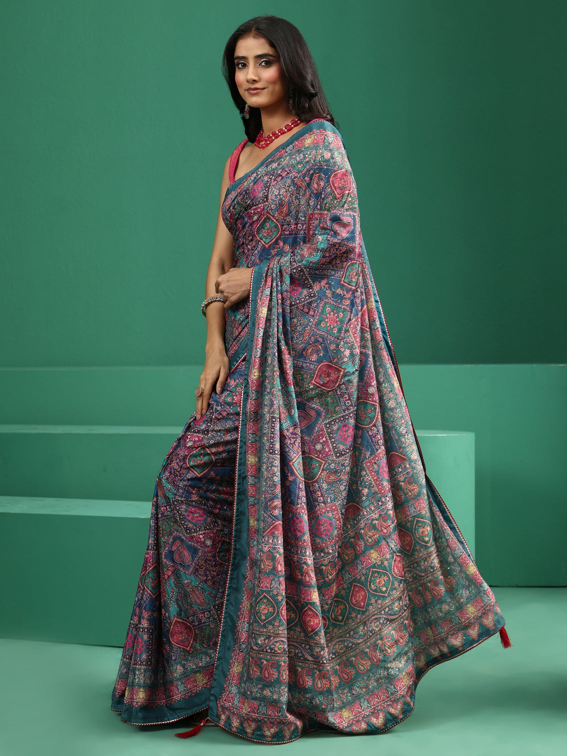 Mameraa Multicolour Sequin Embellished Printed Satin Saree