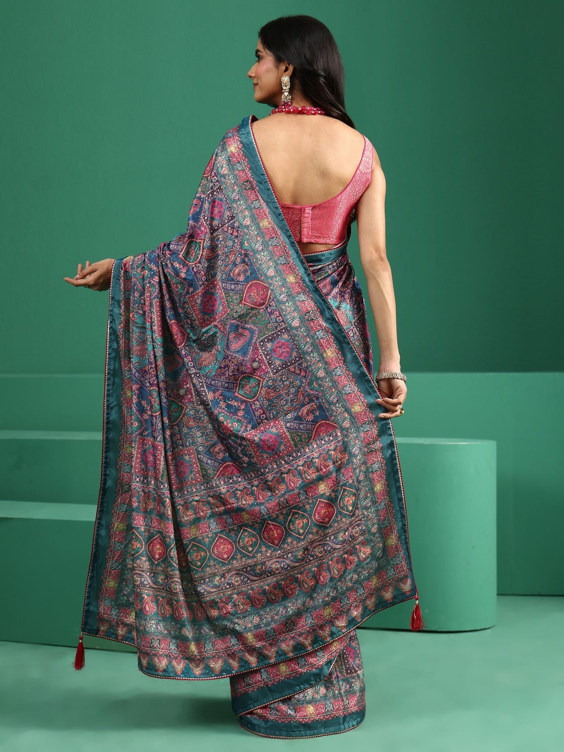 Mameraa Multicolour Sequin Embellished Printed Satin Saree