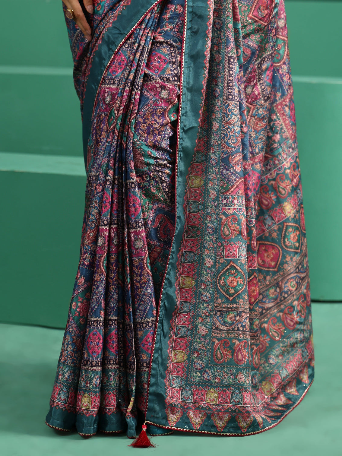 Mameraa Multicolour Sequin Embellished Printed Satin Saree