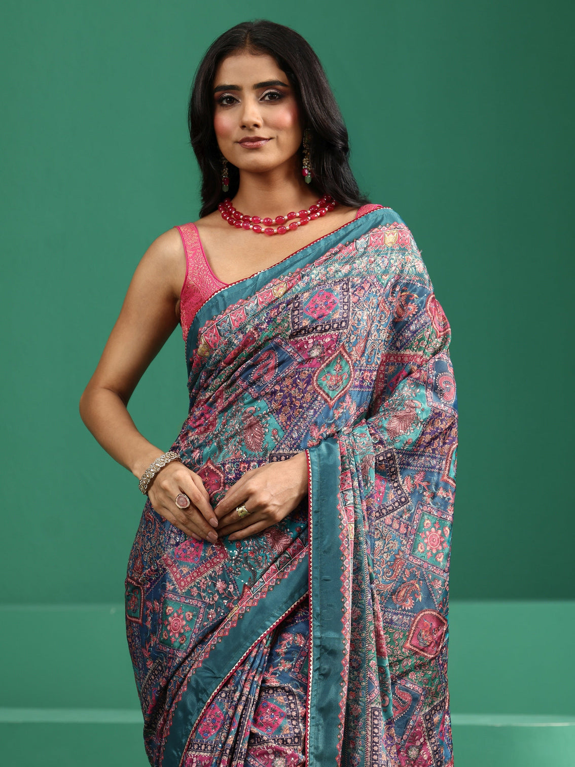 Mameraa Multicolour Sequin Embellished Printed Satin Saree