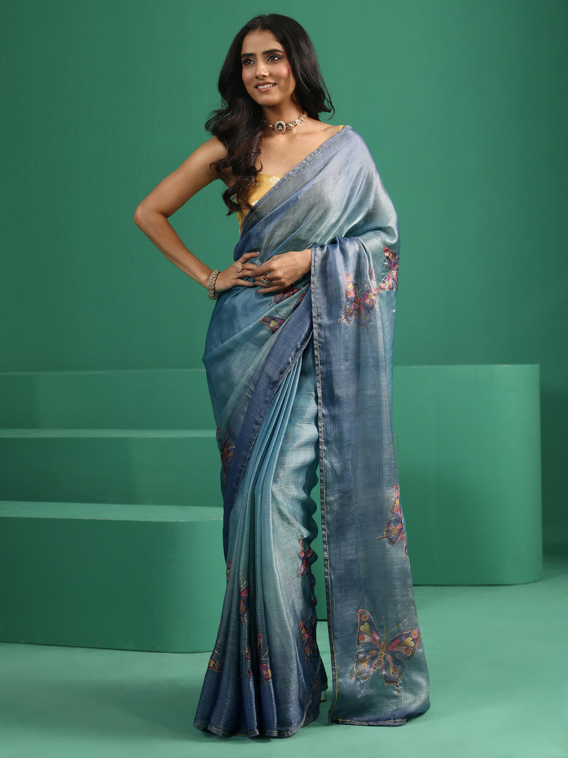 Mameraa Cobalt Blue Butterfly Print Chiffon Saree