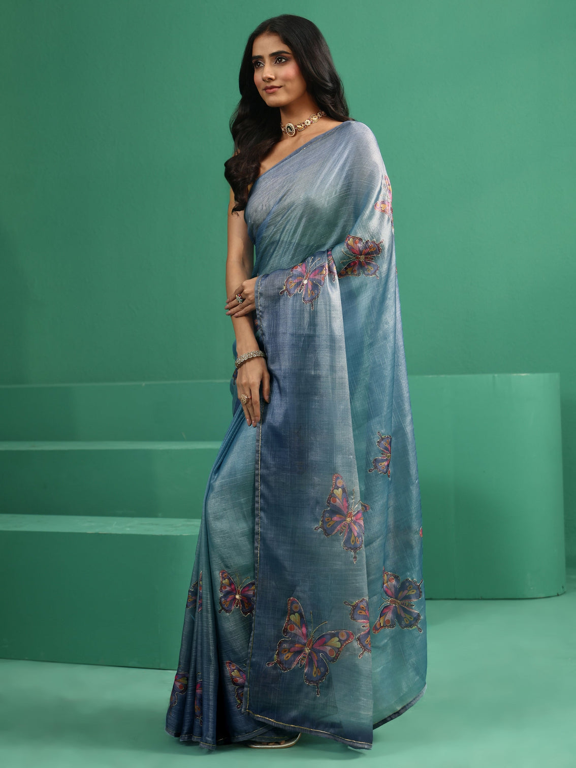 Mameraa Cobalt Blue Butterfly Print Chiffon Saree