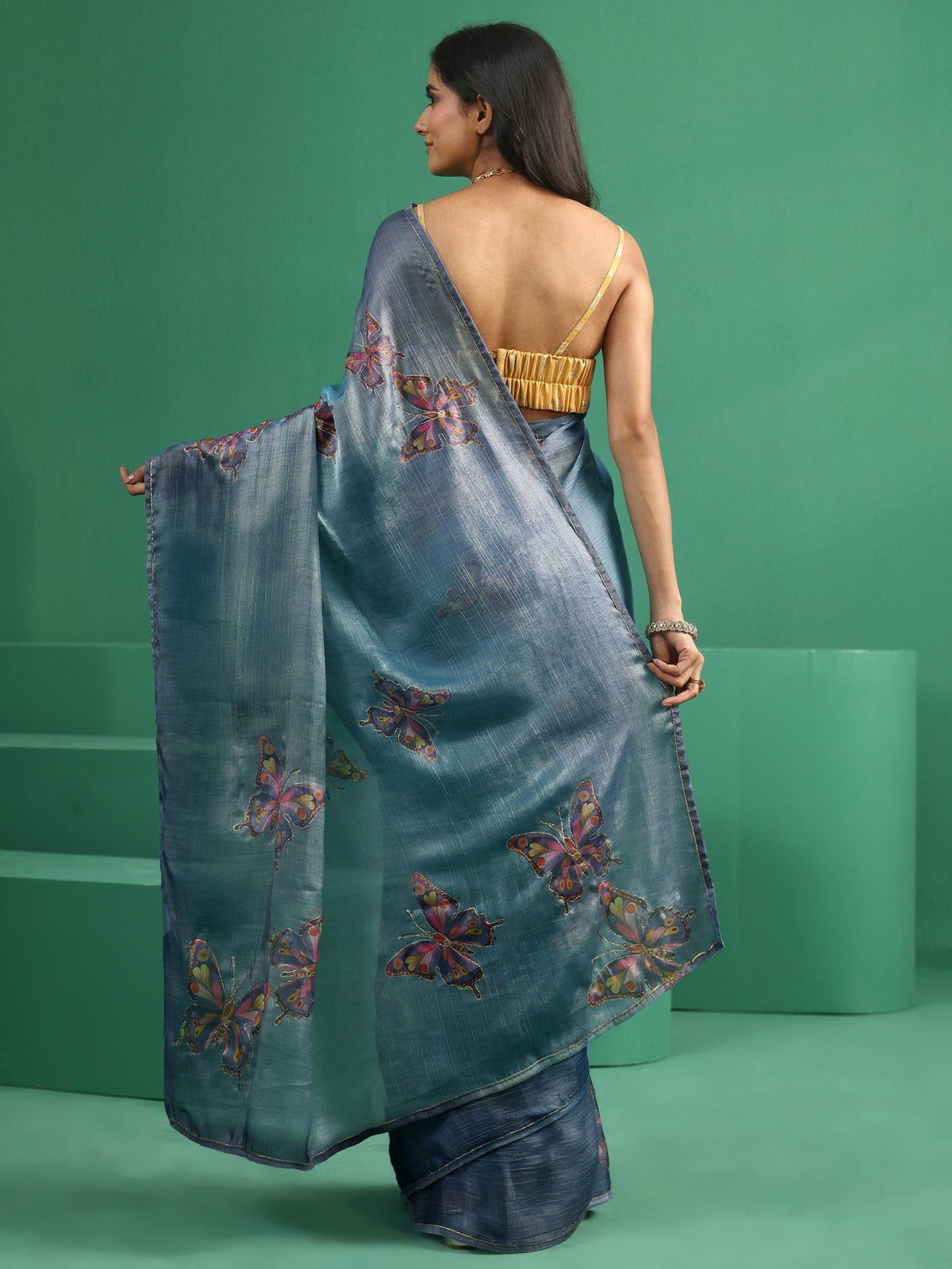 Mameraa Cobalt Blue Butterfly Print Chiffon Saree