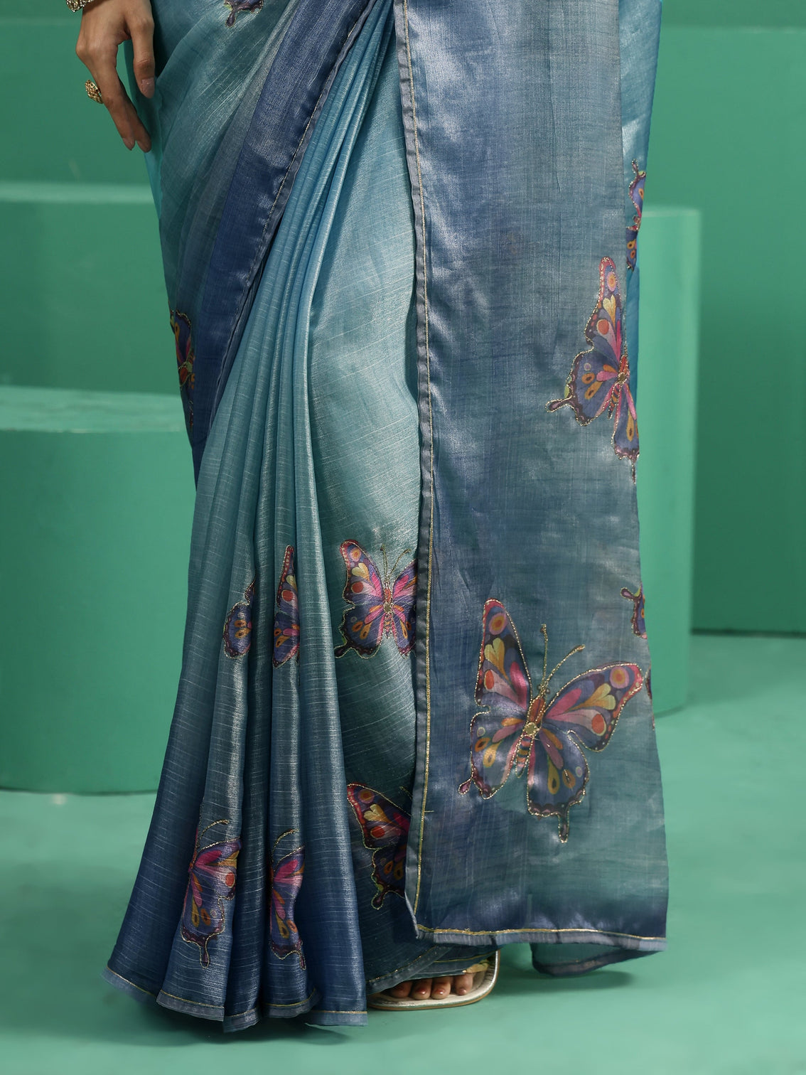 Mameraa Cobalt Blue Butterfly Print Chiffon Saree