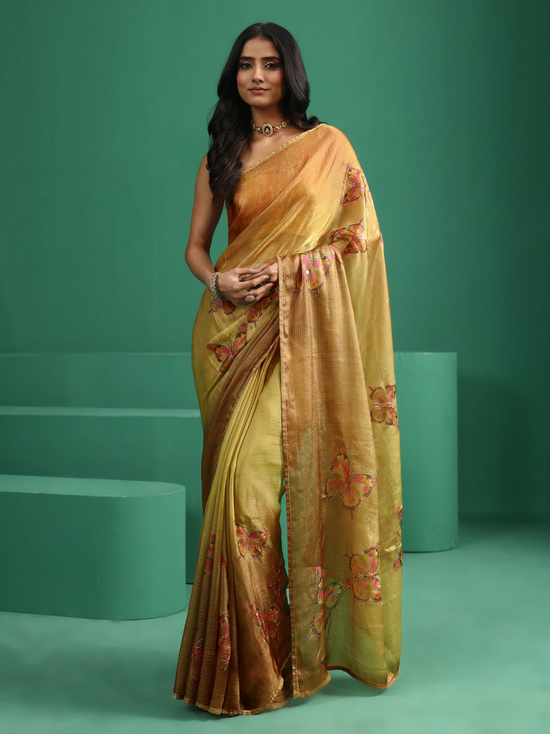 Mameraa Mustard Butterfly Print Chiffon Saree