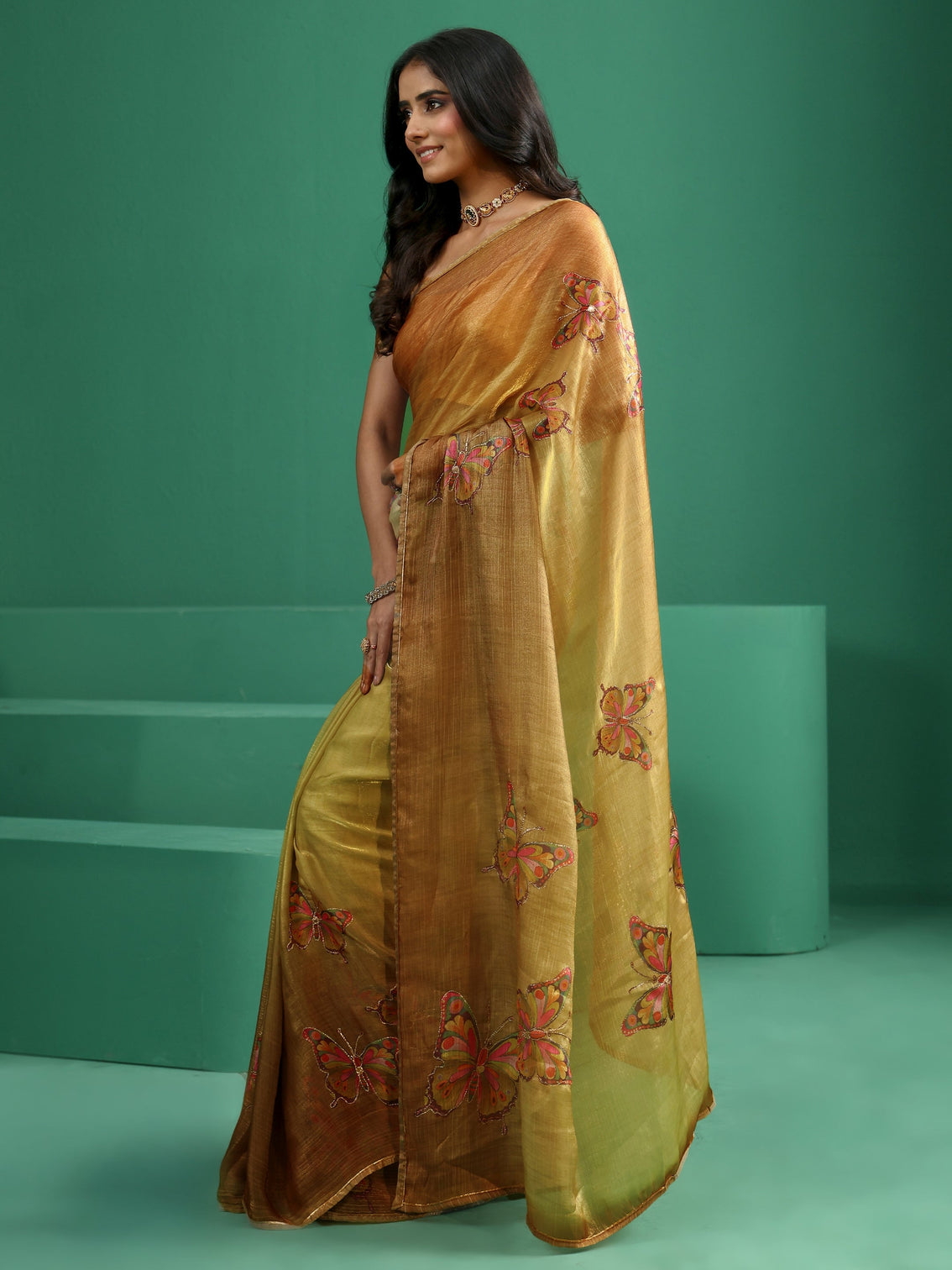 Mameraa Mustard Butterfly Print Chiffon Saree