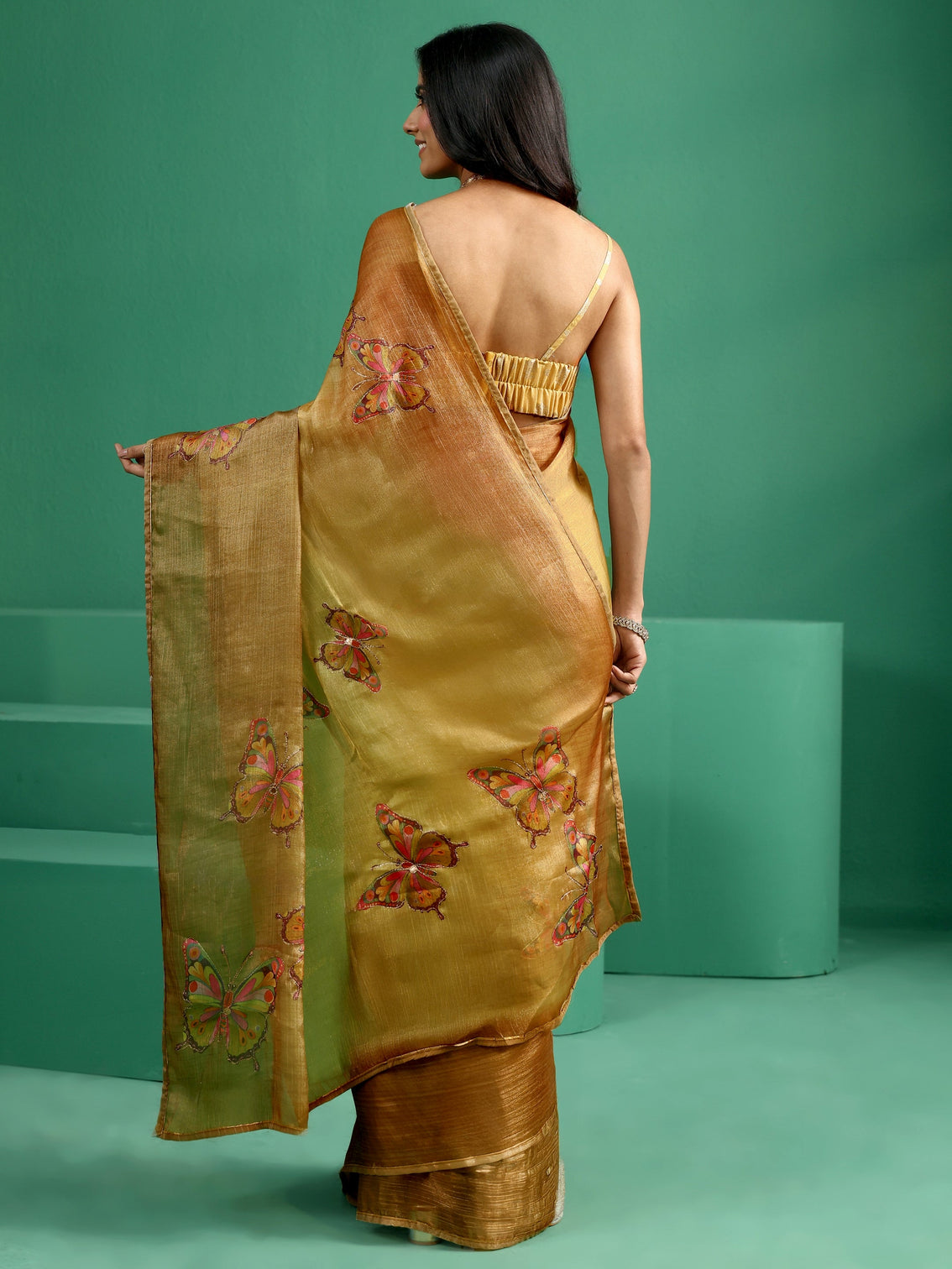 Mameraa Mustard Butterfly Print Chiffon Saree