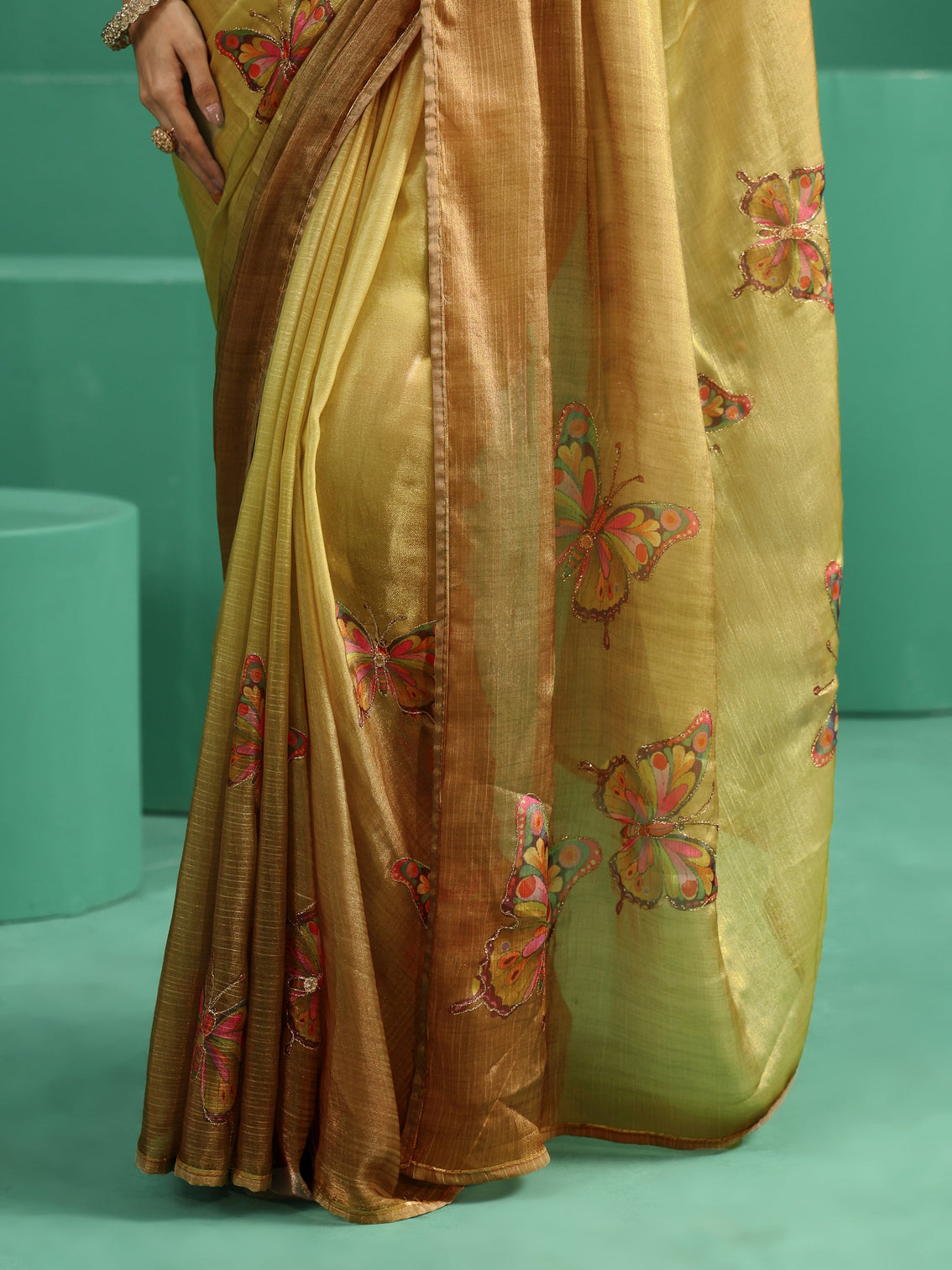 Mameraa Mustard Butterfly Print Chiffon Saree