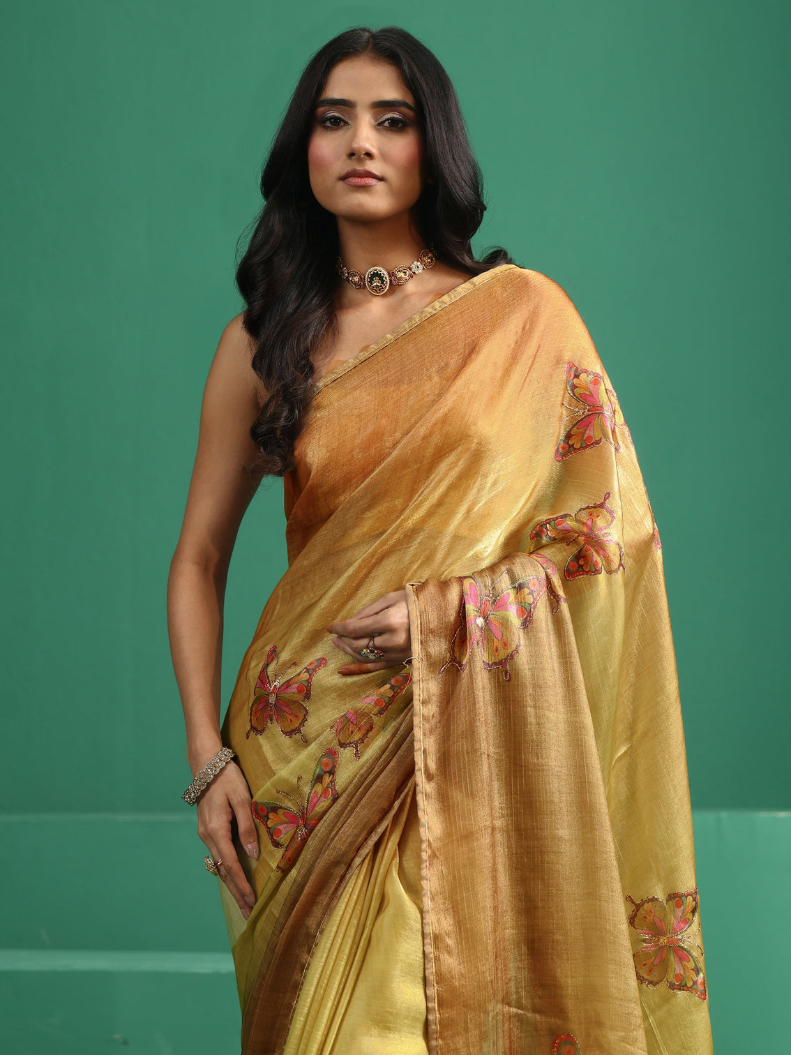 Mameraa Mustard Butterfly Print Chiffon Saree
