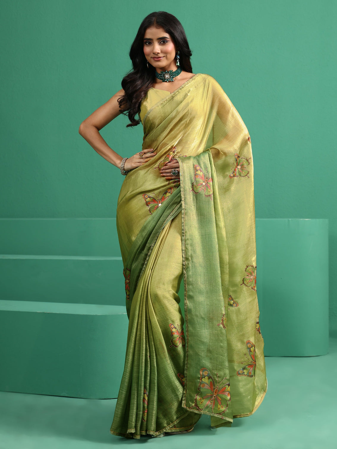 Mameraa Fern Green Butterfly Print Chiffon Saree