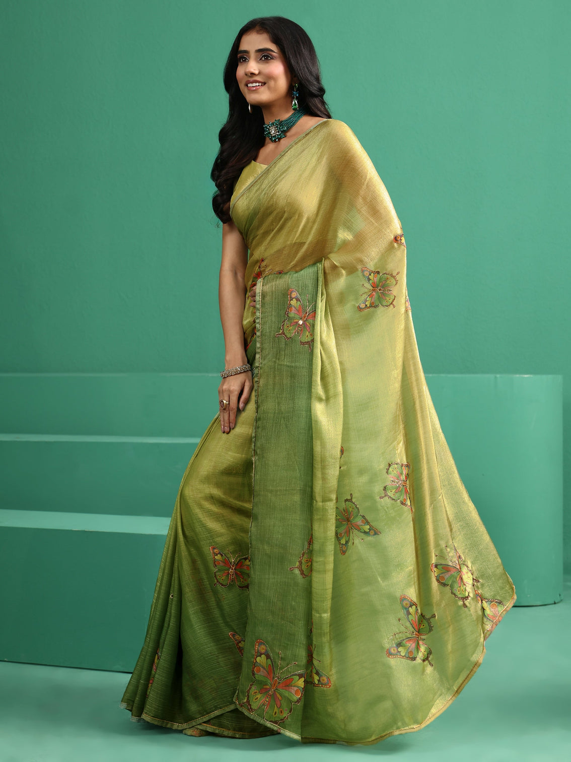 Mameraa Fern Green Butterfly Print Chiffon Saree