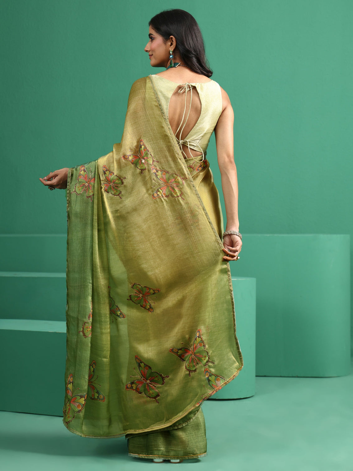 Mameraa Fern Green Butterfly Print Chiffon Saree