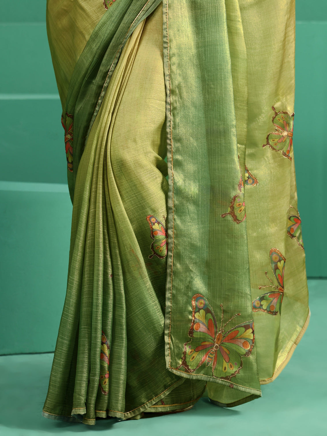 Mameraa Fern Green Butterfly Print Chiffon Saree